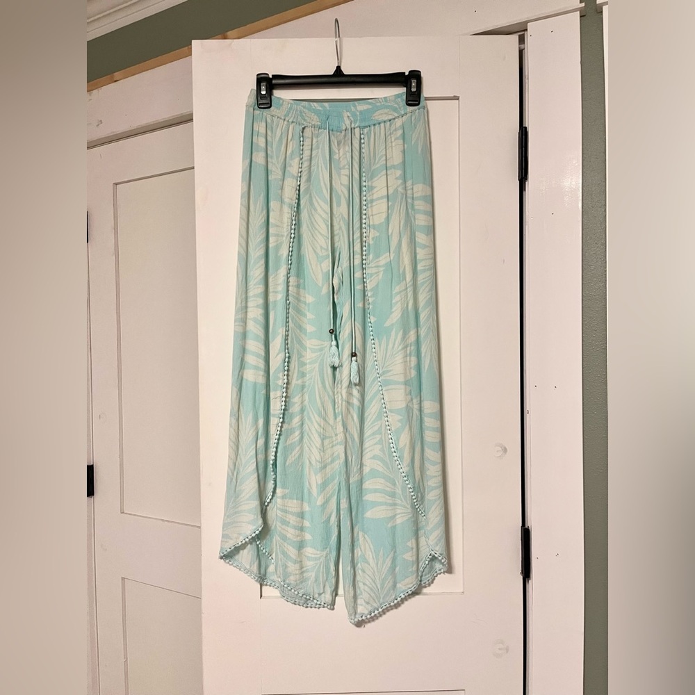 Teal Leaf Print Wide Leg Pants